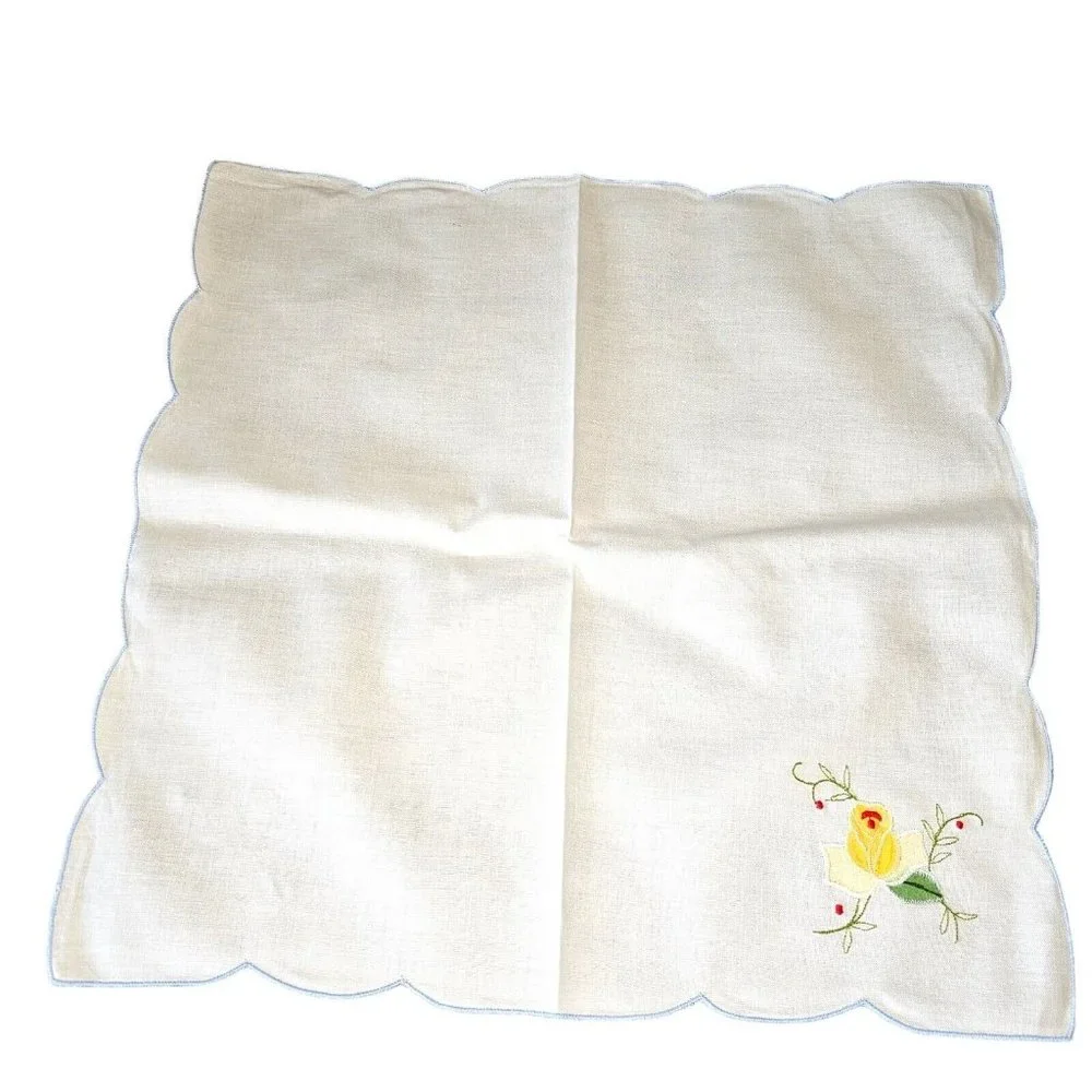 Rectangle Tablecloth Floral Blue Yellow Embroidered 12 Napkins White‎ 63 X 100